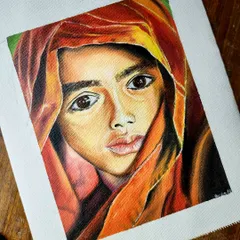 A finished oil portrait of a young girl with expressive eyes, wrapped in a red and orange scarf. I focused on capturing a sense of innocence and wonder in her gaze.