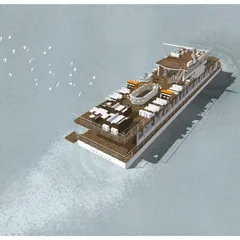 An aerial illustration of the Queensline Sea Yah, showing the layout of the open-air top deck. These conceptual drawings help us study the flow of space and the overall composition of the vessel in its marine environment.