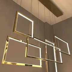 A modern LED pendant chandelier composed of five square rings of light, suspended at different heights. This fixture creates a stunning visual effect and provides ample illumination, making it perfect for a staircase or a room with high ceilings.