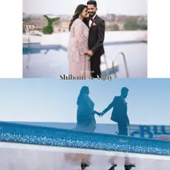 A creative and artistic engagement portrait. The top photo shows the couple by a pool, while the bottom captures their stunning reflection in the water, creating a unique and memorable image.