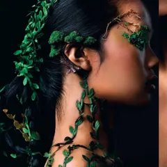 A profile shot from the 'Becoming Earth' series, showing how the vine and leaf elements are integrated into the hair and across the body, creating a seamless fusion of human and nature.