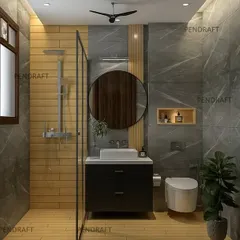 This bathroom design uses a combination of dark grey marble-finish tiles and warm yellow tiles to create a bold, contemporary look, even in a compact space.