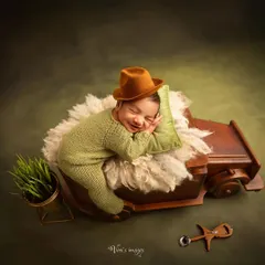 My sessions can be as creative as you wish. Here, a sweet sleeping baby dreams of adventure in a vintage-style truck prop, complete with a cozy pillow and a touch of greenery. This shows how we can incorporate fun themes into your newborn's first photoshoot.