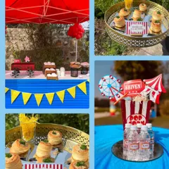 Step right up to our Carnival themed party! This collage shows our colorful setup, complete with popcorn-themed decor and delicious bites like Mushroom Vol Au Vents.