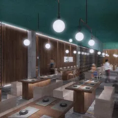 Booth seating at CHAMPON, designed for a more intimate dining experience. The wood paneling and suspended globe lights contribute to a warm and private atmosphere, consistent with our minimalist approach.