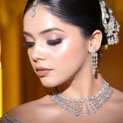 A close-up on the makeup for this contemporary bridal look. The eyes are softly defined with long lashes, and the skin has a beautiful, dewy glow, complemented by a simple maang tikka and diamond jewelry.