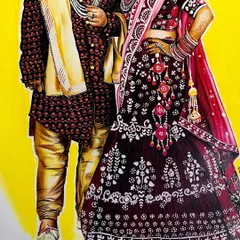 A close-up of the wedding portrait, focusing on the detailed patterns of the bride's lehenga and the groom's sherwani. It takes many hours to get these details right.