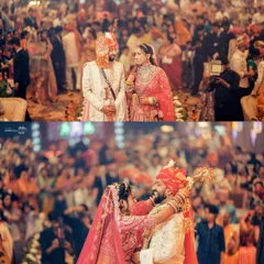 The Varmala ceremony, surrounded by a sea of loved ones. I capture both the wide shot showing the scale of the celebration and the close-up of the couple's joyful embrace.