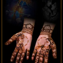 A beautiful depiction of Radha and Krishna for a Karwa Chauth celebration. This portrait style is perfect for capturing the divine love story on your hands.