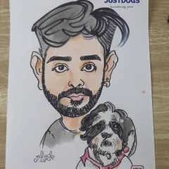 This portrait captures the cool style of both the owner and his charming dog. A great memory from the JUSTDOGS live caricature session.