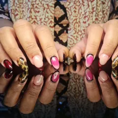A bold and eclectic set featuring a mix of designs including comic-book style pop art, sheer nude, deep red, and leopard print.