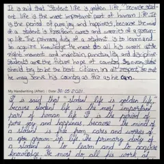 This side-by-side comparison shows the incredible change possible with consistent practice. Notice the improvement in letter consistency, spacing, and overall legibility after just a few sessions focused on cursive writing techniques.