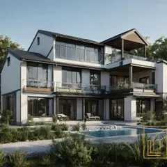 This is a 3D concept for a modern multi-level villa, designed to maximize natural light and outdoor connections. The design features extensive glazing, multiple balconies, and a poolside terrace, creating a home that is perfect for contemporary living.