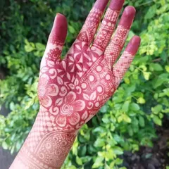 This is what a perfect henna stain looks like. The intricate patterns are sharp and the color is a deep red, showing the beautiful result of my chemical-free henna.