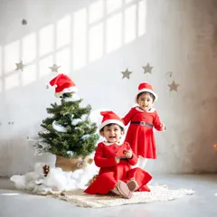 A festive Christmas mini-session featuring two little ones in Santa outfits. The natural light from the window and the subtle star decorations add a touch of holiday magic to the scene.