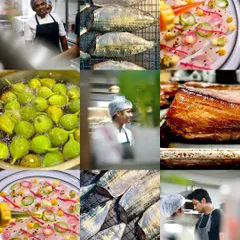 A collage showcasing our process. From fresh figs and fish being smoked to our chefs in action, this is a glimpse into the hard work and dedication that goes into every plate.