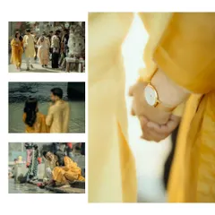 A collage from a pre-wedding shoot by the ghats, showing candid moments of the couple walking, sitting by the water, and a close-up of them holding hands.