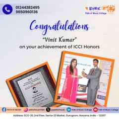 We congratulate our founder, Vinit Kumar, on receiving the prestigious ICCI Honors. This international recognition reinforces our college's standing as a center for excellence in music education.