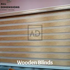 A close-up view of a wooden-style zebra blind. You can see the alternating sheer and solid panels that give you complete control over how much light enters the room, creating a modern, striped effect.