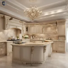 A grand, classical kitchen featuring an ornate island, detailed cabinetry, and a stunning chandelier. The design uses a neutral color palette and high-end materials to create a space that is both highly functional and breathtakingly beautiful.