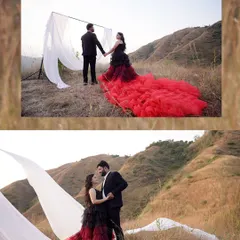 Even in a vast landscape, you can create a focused, studio-like setup. We show you how to use simple elements like a fabric backdrop to control the scene, contrasting a dramatic, flowing gown against the raw, natural texture of the hillside.
