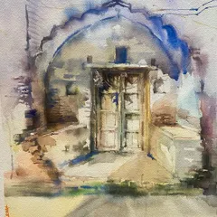 My love for old doors and 'purani haveli' (old mansions) is endless. This watercolor sketch captures the quiet dignity of a weathered, arched doorway, hinting at the stories held within.