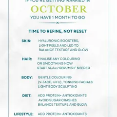 Just one month before the wedding, it's time to refine, not reset. We focus on gentle treatments like hyaluronic boosters, light peels, and LED therapy to balance texture and maximize glow.