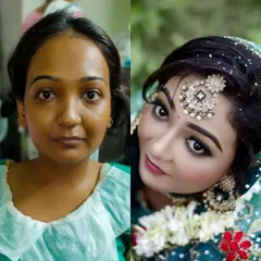 This side by side comparison highlights the complete change. We sculpted the brows, created dramatic eyes, and evened out the skin tone for a picture perfect bridal makeover.