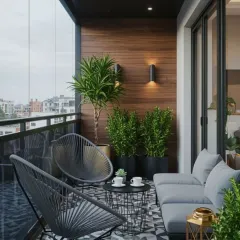 A modern and chic balcony setup featuring contemporary wireframe Acapulco chairs and a matching sofa. The geometric floor tiles and wood-paneled accent wall add layers of texture and visual interest to this stylish outdoor seating area.