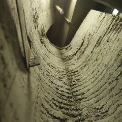 A detail view looking up into a narrow, textured concrete crevice within the store. This demonstrates the construction technique used to achieve the cave-like, excavated quality of the space, focusing on raw materiality.