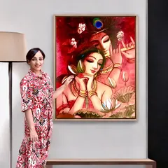 This large canvas captures the eternal embrace of Radha and Krishna, a central theme in my work. I used a palette of passionate reds and soft golds to reflect a love that is both deep and serene, making it a perfect centerpiece for a space dedicated to love and devotion.