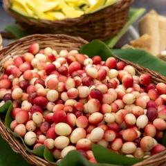 Baskets overflowing with colourful karonda berries and sliced raw mangoes. This display is not just food, but a colourful and interactive experience for everyone.