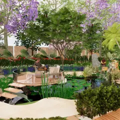 A 3D visualization of a private garden designed as a personal oasis. This render highlights a serene seating area over a koi pond, surrounded by lush foliage like Jacaranda trees, demonstrating how we conceptualize tranquil, immersive weekend getaways for our clients.