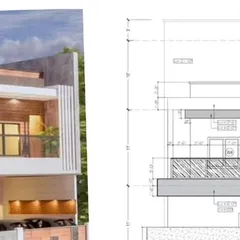 A side-by-side comparison of a 3D elevation render and its corresponding 2D technical drawing. This shows the direct link between our creative vision and the precise architectural plans required to build it.