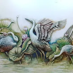 Our 3D relief sculptures bring walls to life. This detailed panel shows herons and lotus flowers, with carefully sculpted textures and a soft color palette to create a peaceful, natural scene for a home interior.