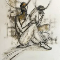 An expressive acrylic on paper drawing of two seated figures, using minimal color to create a strong emotional impact.