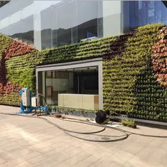 This image shows my team during the installation of a large green wall on a glass-fronted commercial building, demonstrating the scale of projects I handle.