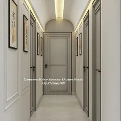 A beautifully designed hallway with elegant doors and modern art, leading to the different rooms of the house.