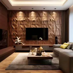 A unique TV wall featuring a 3D textured wood panel that adds depth and artistic flair to the living room. The simple, low-profile console keeps the focus on the stunning backdrop, creating a sophisticated entertainment space.