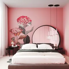 A beautiful floral mural painted directly onto the wall serves as a stunning headboard alternative. Our artists can create custom murals of any style, from delicate botanicals to bold graphics.