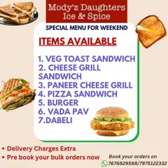 I offer a variety of classic vegetarian snacks and street food items, available on weekends and weekdays. This menu shows some of the options, including different types of sandwiches, burgers, vada pav, and dabeli, perfect for a quick meal or party orders.