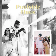 Poolside hues and playful moods. This couple brought the fun to their pre-wedding festivities with smoke guns and a 'MOH DEAR' jacket, showing that their love story is all about laughter.