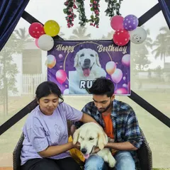 A beautiful moment from Rui's birthday celebration. We create a festive atmosphere with balloons and personalized banners to make your pet feel like the star of the show.