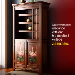Discover timeless elegance with a handcrafted vintage-style almirah. This piece, made from dark wood, features classic molding, ample shelving, and beautifully hand-painted floral details on the doors, adding a touch of heritage and artistry to your home.