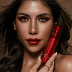 A powerful commercial editorial shot for TIRTIR's makeup fixer. The bold red makeup and the model's direct gaze are perfectly coordinated with the product's packaging, creating a cohesive and high-impact brand statement.