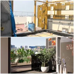 This before and after shows the transformation of a high-rise terrace corner. The initial construction site was converted into a green lookout point with panoramic city views, featuring a glass railing, lush tropical plants in modern planters, and elegant flooring.