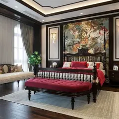 We admire classic bedroom designs that feel both royal and timeless. This inspiration showcases a four-poster bed set against a floral wallpaper feature wall, balanced with elegant wall paneling and classic furniture pieces to create a truly luxurious retreat.