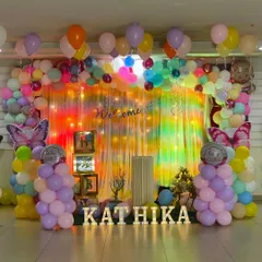 A vibrant 'Welcome Baby' celebration for Kathika. We used a colorful backdrop with pastel balloons, butterfly accents, and marquee letters to create a joyful and festive atmosphere.