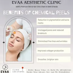 A summary of the benefits of chemical peels, such as reduction in pigmentation, unclogged pores, diminished fine lines, and improved collagen production.