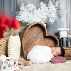 A beautifully composed shot of a swaddled newborn, with red flowers adding a pop of color to the foreground.